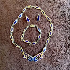 Vintage handcrafted sterling and lapis inlaid set